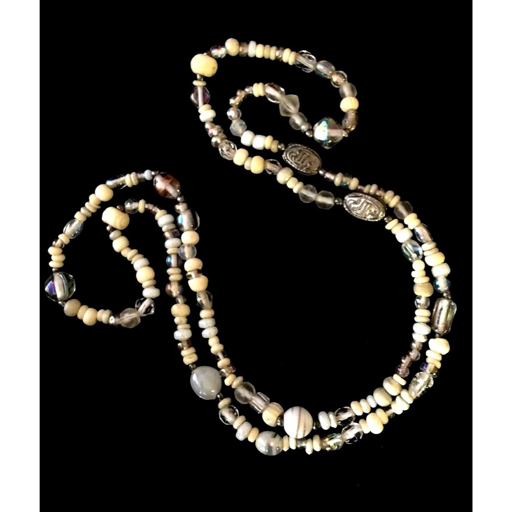 Vintage 1980s Beaded Necklace Frosted Glass AB Silver Tone 36in - 9K